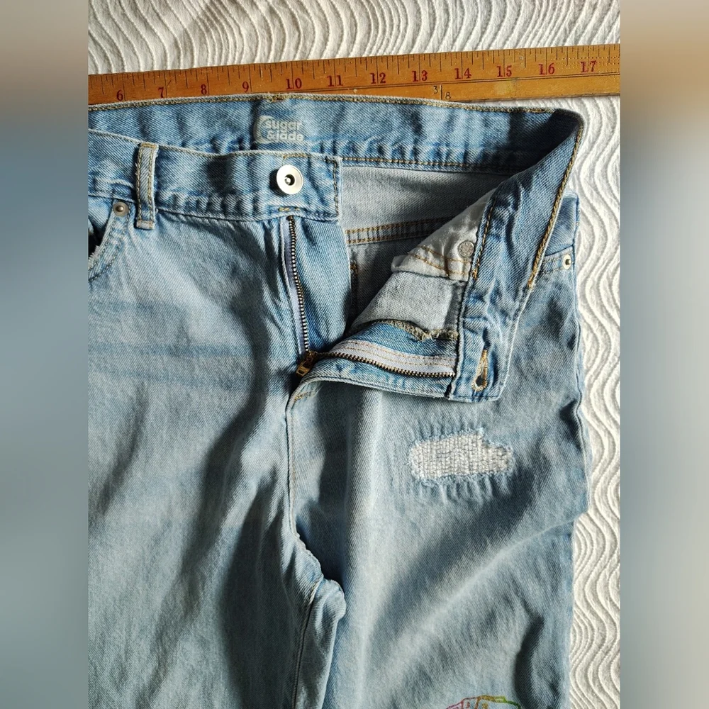 Sugar And Jade Wide Leg Jeans Size 16 Light Blue Girls Emoji Print Destroyed